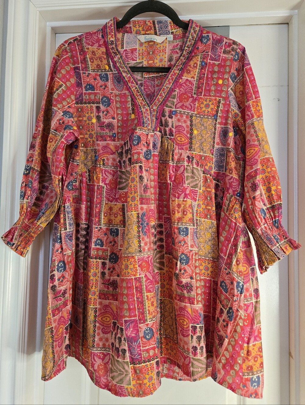 Fusion Boho Patchwork Print Embroidered Tunic Top | 3/4 Sleeve | XXL